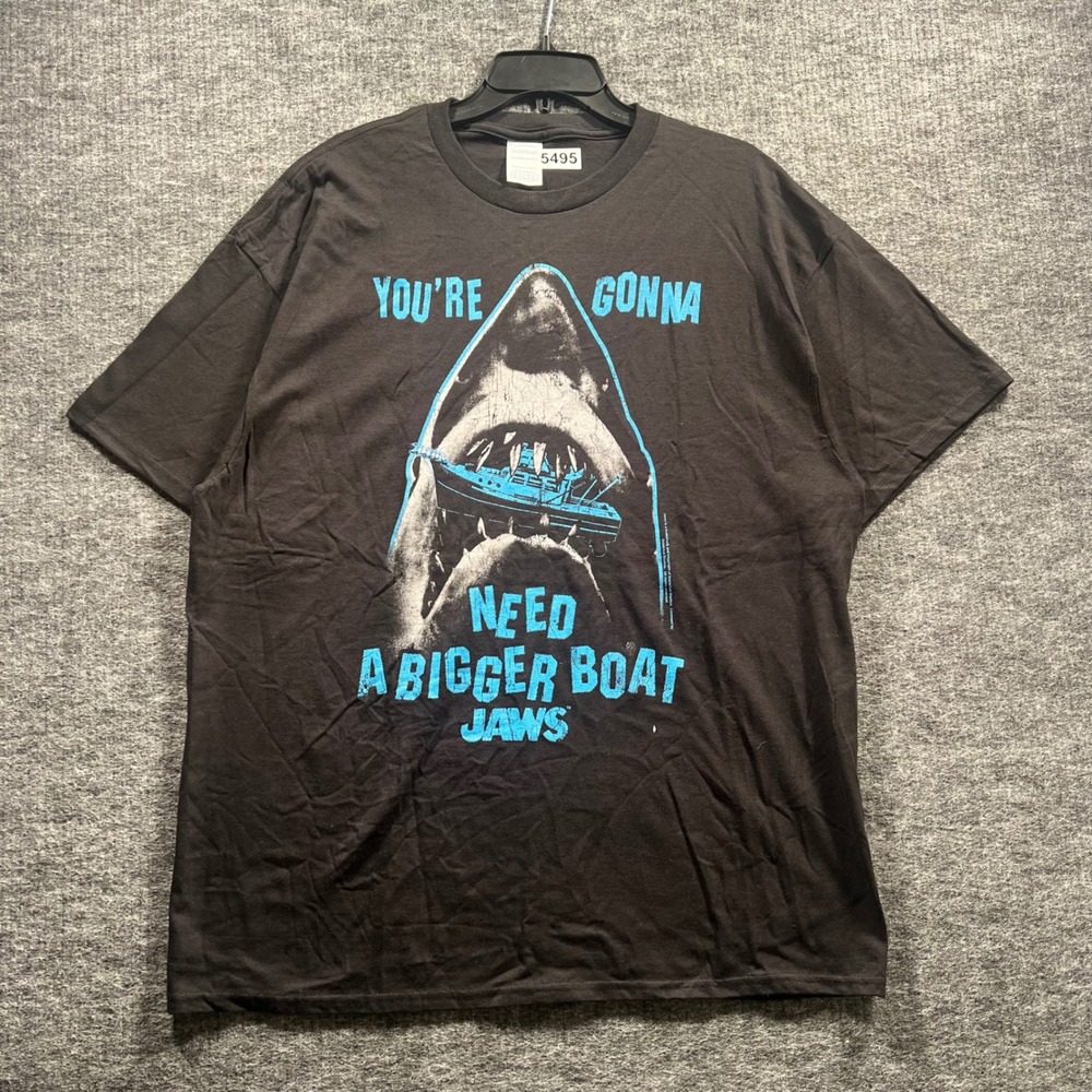 Jaws Movie Graphic T-Shirt XL Black Bigger Boat Shark Film Quote Tee